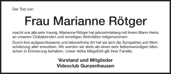 Traueranzeige von Marianne Rötger von Altmühl-Bote Lokal