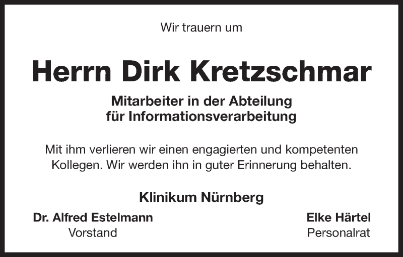  Traueranzeige für Dirk Kretzschmar vom 29.04.2017 aus Gesamtausgabe Nürnberger Nachrichten/ Nürnberger Ztg.