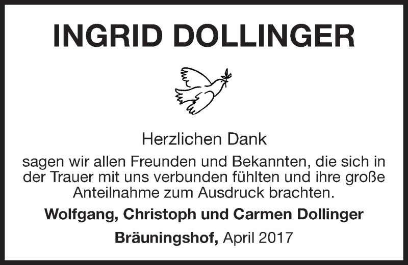  Traueranzeige für Ingrid Dollinger vom 08.04.2017 aus Erlanger Nachrichten Lokal