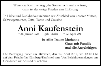 Traueranzeige von Anni Kaufenstein von Gesamtausgabe Nürnberger Nachrichten/ Nürnberger Ztg.