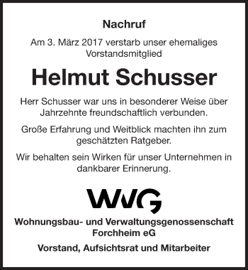 Traueranzeige von Helmut Schusser von Nordbayerische Nachrichten Forchheim Lokal