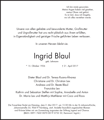 Traueranzeige von Ingrid Blaul von Gesamtausgabe Nürnberger Nachrichten/ Nürnberger Ztg.