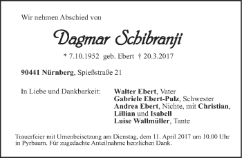 Traueranzeige von Dagmar Schibranji von Gesamtausgabe Nürnberger Nachrichten/ Nürnberger Ztg.