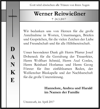 Traueranzeige von Werner Reitwießner von Erlanger Nachrichten Lokal