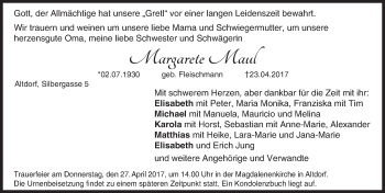 Traueranzeige von Margarete Maul von Gesamtausgabe Nürnberger Nachrichten/ Nürnberger Ztg.