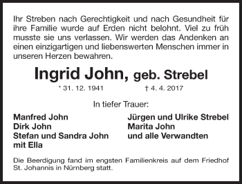 Traueranzeige von Ingrid John von Gesamtausgabe Nürnberger Nachrichten/ Nürnberger Ztg.