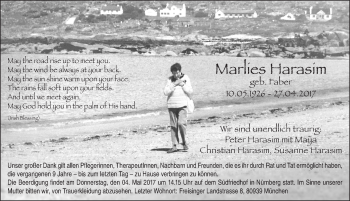 Traueranzeige von Marlies Harasim von Gesamtausgabe Nürnberger Nachrichten/ Nürnberger Ztg.