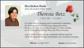 Traueranzeige von Theresia Betz von Neumarkter Nachrichten Lokal
