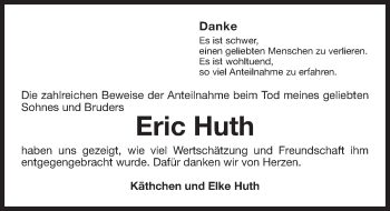 Traueranzeige von Eric Huth von Gesamtausgabe Nürnberger Nachrichten/ Nürnberger Ztg.