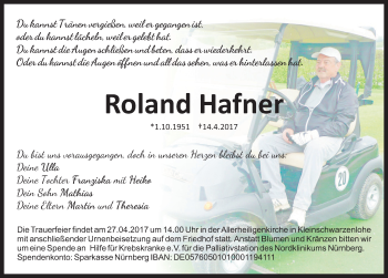 Traueranzeige von Roland Hafner von Schwabach