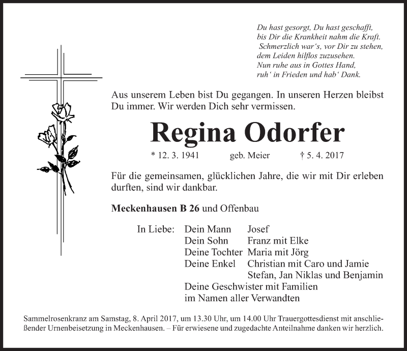  Traueranzeige für Regina Odorfer vom 07.04.2017 aus Roth-Hilpoltsteiner Volkszeitung Lokal