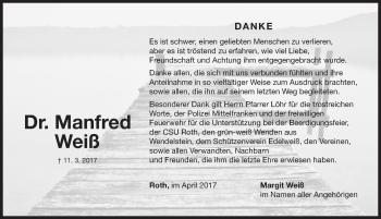 Traueranzeige von Manfred Weiß von Roth-Hilpoltsteiner Volkszeitung Lokal