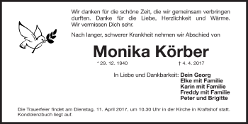 Traueranzeige von Monika Körber von Gesamtausgabe Nürnberger Nachrichten/ Nürnberger Ztg.