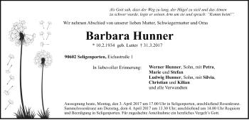 Traueranzeige von Barbara Hunner von Neumarkter Nachrichten Lokal