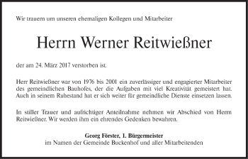 Traueranzeige von Werner Reitwießner von Erlanger Nachrichten Lokal