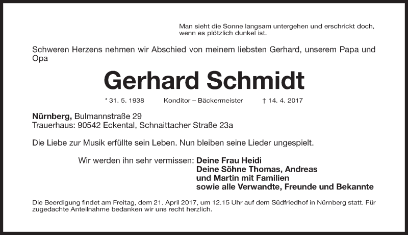  Traueranzeige für Gerhard Schmidt vom 19.04.2017 aus Gesamtausgabe Nürnberger Nachrichten/ Nürnberger Ztg.