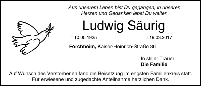  Traueranzeige für Ludwig Säurig vom 08.04.2017 aus Nordbayerische Nachrichten Forchheim Lokal