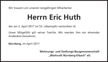 Traueranzeige von Eric Huth von Gesamtausgabe Nürnberger Nachrichten/ Nürnberger Ztg.