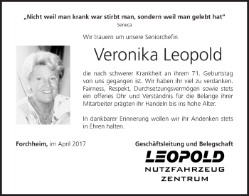 Traueranzeige von Veronika Leopold von Nordbayerische Nachrichten Forchheim Lokal