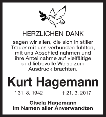 Traueranzeige von Kurt Hagemann von Gesamtausgabe Nürnberger Nachrichten/ Nürnberger Ztg.