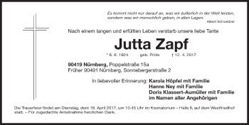 Traueranzeige von Jutta Zapf von Gesamtausgabe Nürnberger Nachrichten/ Nürnberger Ztg.