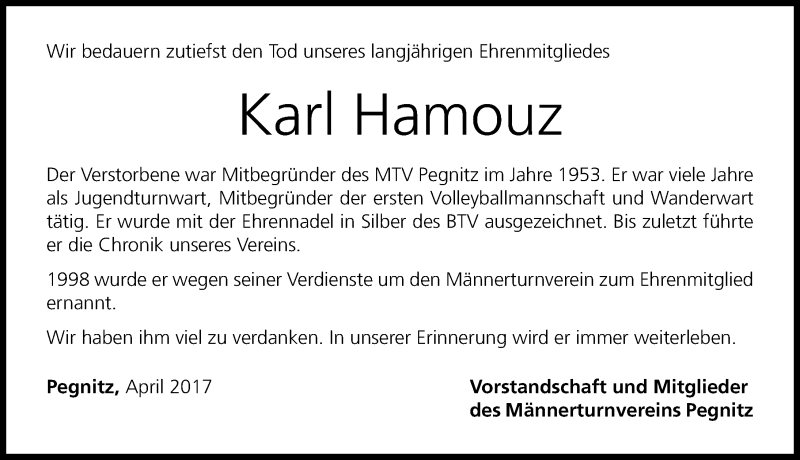  Traueranzeige für Karl Hamouz vom 15.04.2017 aus Nordbayerische Nachrichten Pegnitz Lokal