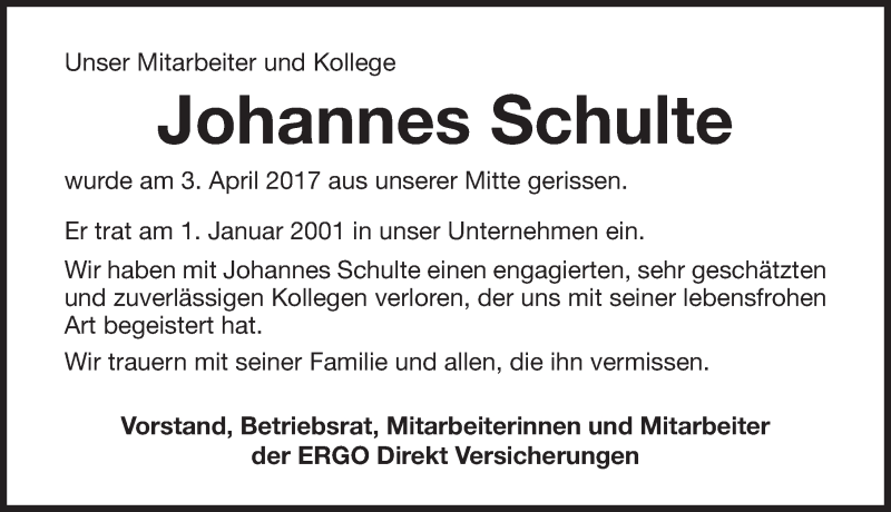  Traueranzeige für Johannes Schulte vom 06.04.2017 aus Gesamtausgabe Nürnberger Nachrichten/ Nürnberger Ztg.