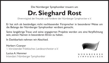 Traueranzeige von Sieghard Rost von Gesamtausgabe Nürnberger Nachrichten/ Nürnberger Ztg.