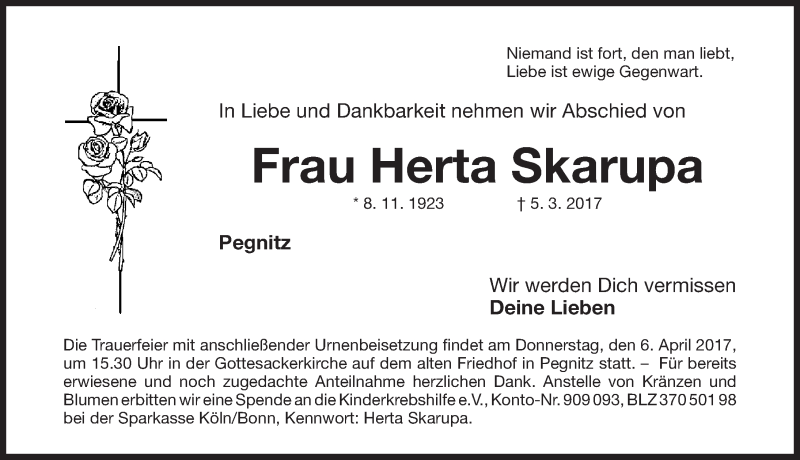  Traueranzeige für Herta Skarupa vom 04.04.2017 aus Nordbayerische Nachrichten Pegnitz Lokal