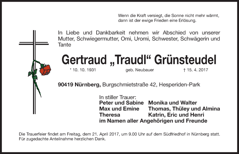  Traueranzeige für Gertraud Grünsteudel vom 19.04.2017 aus Gesamtausgabe Nürnberger Nachrichten/ Nürnberger Ztg.