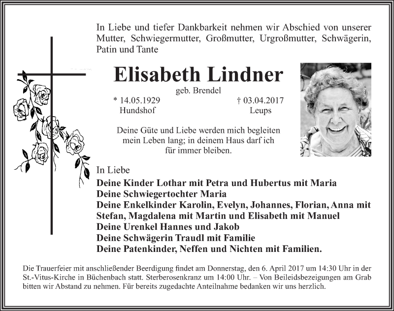  Traueranzeige für Elisabeth Lindner vom 05.04.2017 aus Nordbayerische Nachrichten Pegnitz Lokal