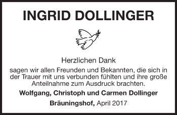 Traueranzeige von Ingrid Dollinger von Erlanger Nachrichten Lokal