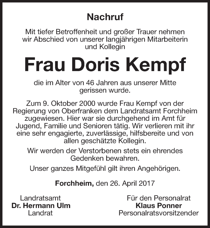  Traueranzeige für Doris Kempf vom 27.04.2017 aus Nordbayerische Nachrichten Forchheim Lokal