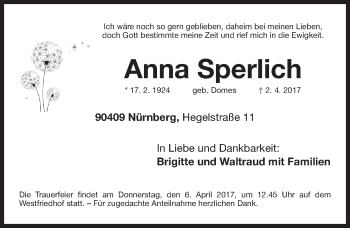 Traueranzeige von Anna Sperlich von Gesamtausgabe Nürnberger Nachrichten/ Nürnberger Ztg.