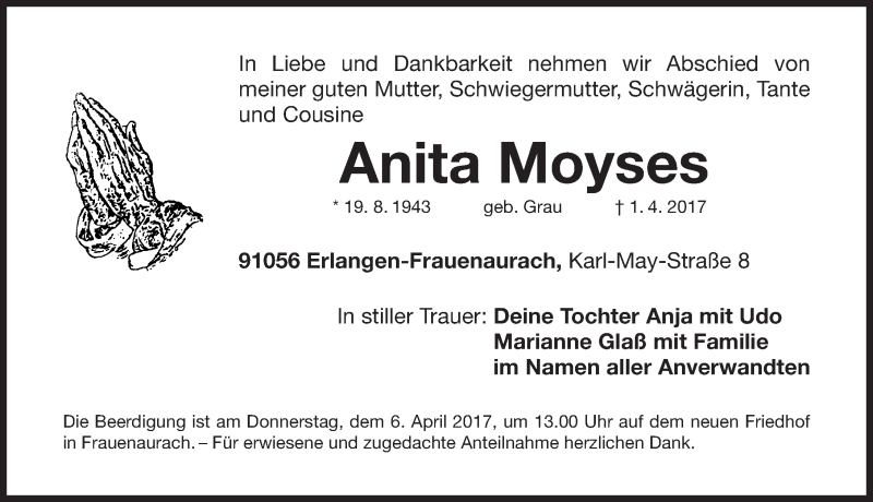  Traueranzeige für Anita Moyses vom 04.04.2017 aus Erlanger Nachrichten/ Nordbayer. Nachrichten Herzogenaurach