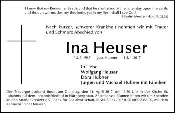 Traueranzeige von Ina Heuser von Gesamtausgabe Nürnberger Nachrichten/ Nürnberger Ztg.