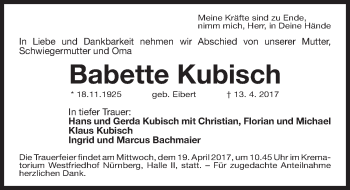 Traueranzeige von Babette Kubisch von Gesamtausgabe Nürnberger Nachrichten/ Nürnberger Ztg.