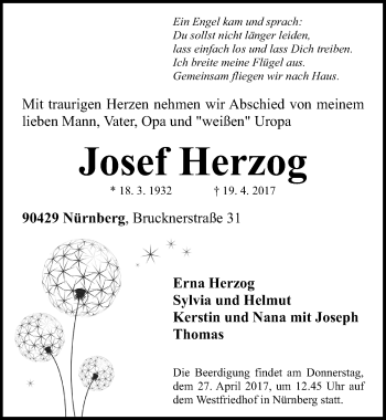 Traueranzeige von Josef Herzog von Gesamtausgabe Nürnberger Nachrichten/ Nürnberger Ztg.