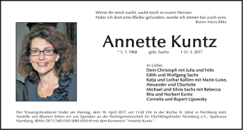 Traueranzeige von Annette Kuntz von Gesamtausgabe Nürnberger Nachrichten/ Nürnberger Ztg.