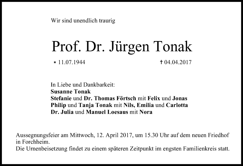  Traueranzeige für Jürgen Tonak vom 08.04.2017 aus Nordbayerische Nachrichten Forchheim Lokal