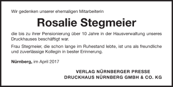 Traueranzeige von Rosalie Stegmeier von Gesamtausgabe Nürnberger Nachrichten/ Nürnberger Ztg.