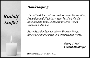 Traueranzeige von Rudolf Stößel von Nordbayerische Nachrichten Herzogenaurach Lokal