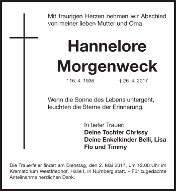 Traueranzeige von Hannelore Morgenweck von Gesamtausgabe Nürnberger Nachrichten/ Nürnberger Ztg.