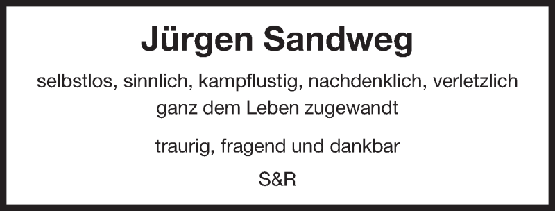  Traueranzeige für Jürgen Sandweg vom 15.04.2017 aus Erlanger Nachrichten Lokal