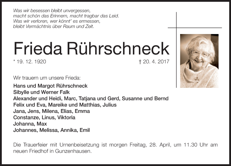  Traueranzeige für Frieda Rührschneck vom 27.04.2017 aus Altmühl-Bote Lokal