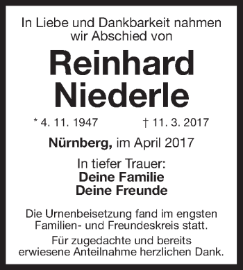 Traueranzeige von Reinhard Niederle von Gesamtausgabe Nürnberger Nachrichten/ Nürnberger Ztg.