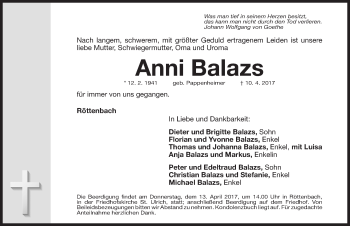 Traueranzeige von Anni Balazs von Roth-Hilpoltsteiner Volkszeitung Lokal