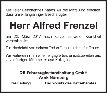 Traueranzeige von Alfred Frenzel von Gesamtausgabe Nürnberger Nachrichten/ Nürnberger Ztg.