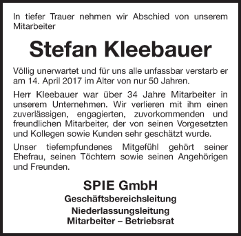 Traueranzeige von Stefan Kleebauer von Erlanger Nachrichten/ Nordbayer. Nachrichten Forchheim