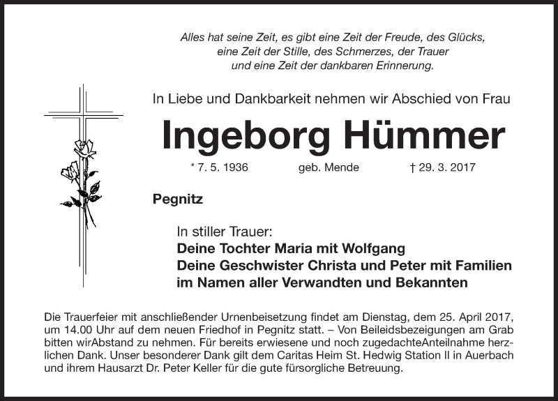  Traueranzeige für Ingeborg Hümmer vom 22.04.2017 aus Nordbayerische Nachrichten Pegnitz Lokal